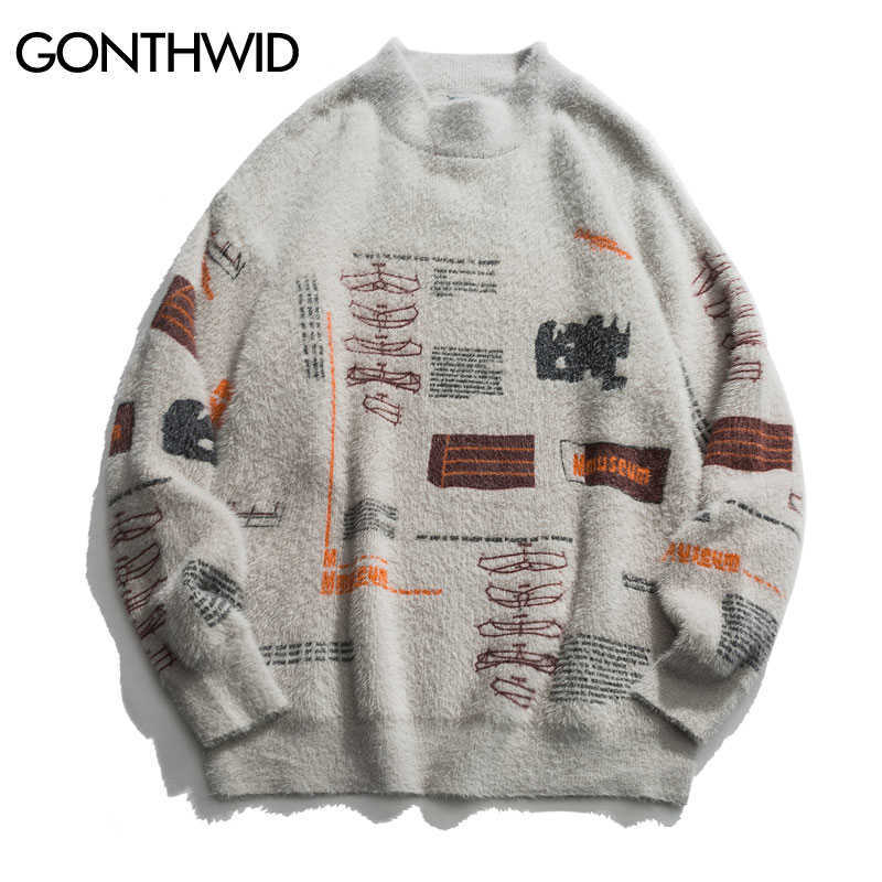 GONTHWID Graffiti Knitted Pullover Jumper Sweaters Streetwear Hip Hop Casual Long Sleeve Turtleneck Knitwear Sweater Men Tops 210818