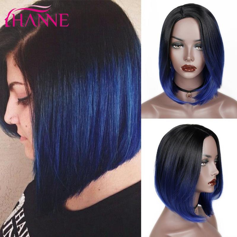Synthetic Wigs HANNE Short Ombre Black To Blue/Gray/Green/Purple Bob High Temperature Fiber Natural Women