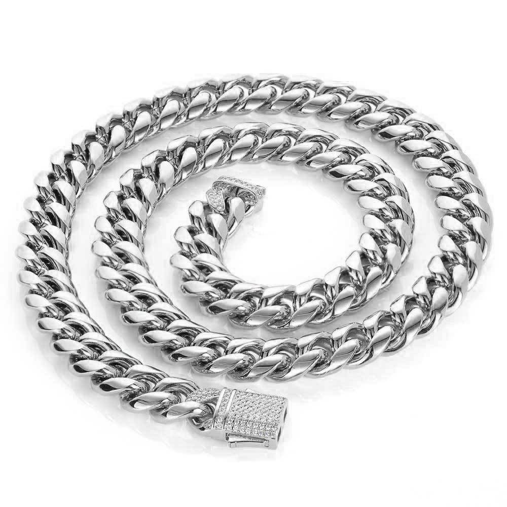 2 piece/sets Hip Hop Miami Titanium Steel Men's Necklace and Men's Bracelet Set with Zircon Spring Buckle Cuban Chain Popular Jewelry