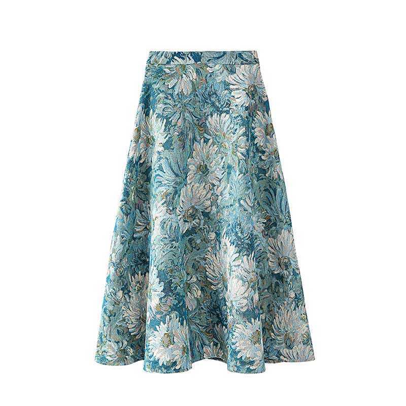 Vintage Oil Painting Flowers Print Big Swing Umbrella Spring Autumn High Waist A Line Skirts Women 210615Z