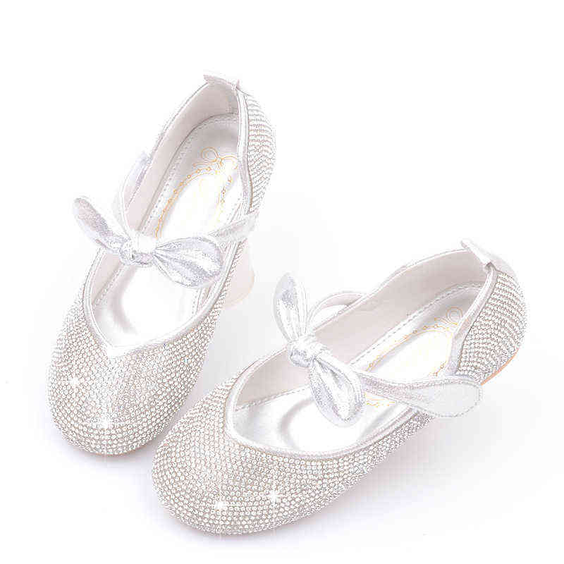 Cute Kids Girls Shoes Leather Princess for Casual Glitter Diamond Bow Children Loafers 211230