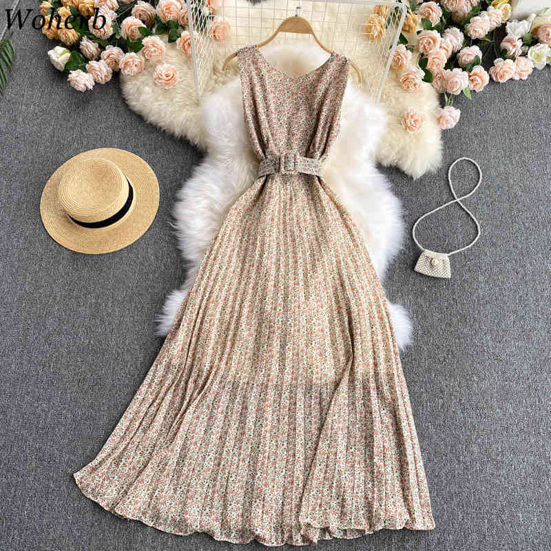 Chiffon Maxi Dress Women Vintage Temperament O Neck Slim Vestidos Floral Korean Pleated Elegant Dresses with Belt 4j410 210519