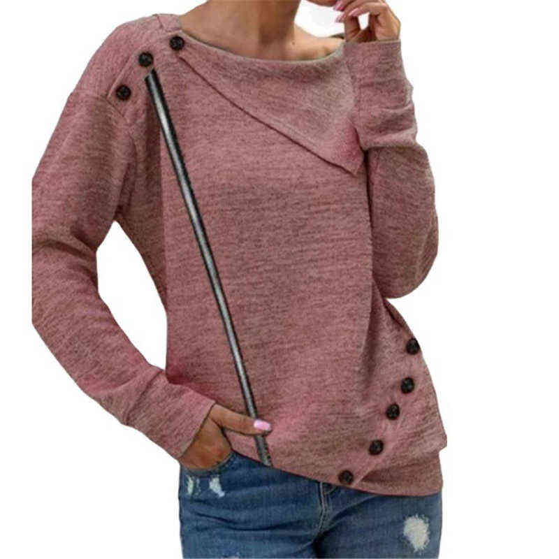 Autumn Winter Women Fashion Zipper Button Clothing Lady Round Neck Solid Color Long Sleeve Blouse ity Loose Casual Top 211108