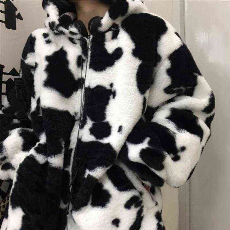 Winter Women Fleece Jackets Furry Teddy Coat Women Harajuku Milk Cow Print Faux Fur Jacket Vintage Hip Hop Warm Streetwear 211105
