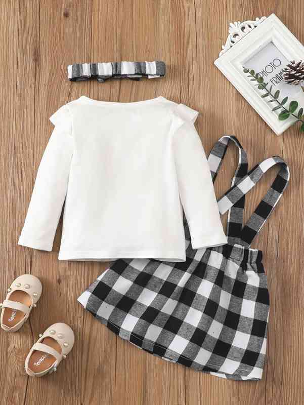 Baby Ruffle Trim Tee & Buffalo Plaid Pinafore Skirt With Headband SHE