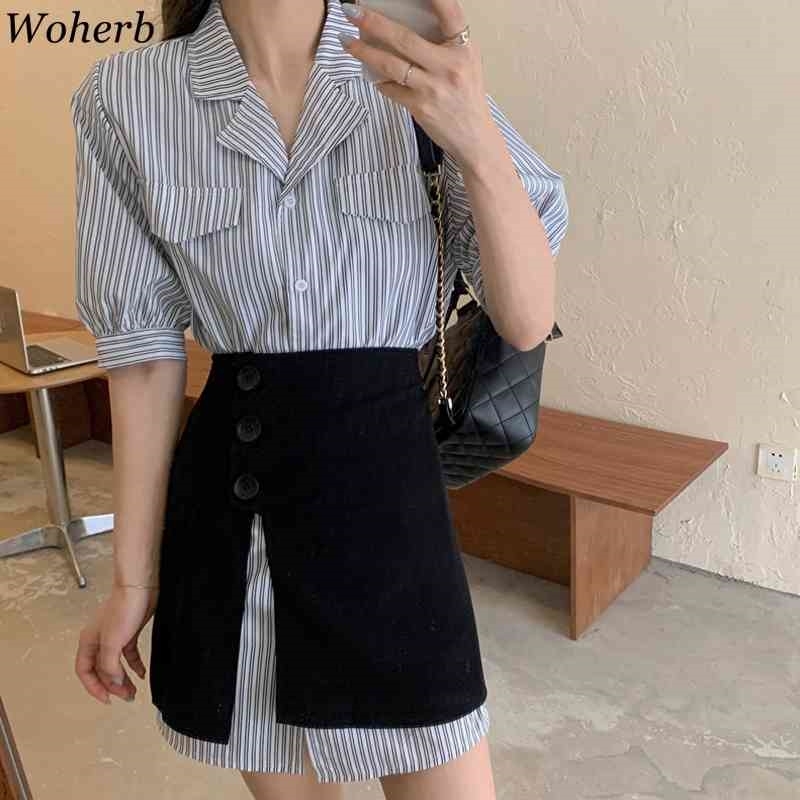 Women Tops Casual Striped Long Shirt Dress Split Mini Skirt Femme Roupas Two Piece Set Female Korean Chic Ropa Mujer 210519