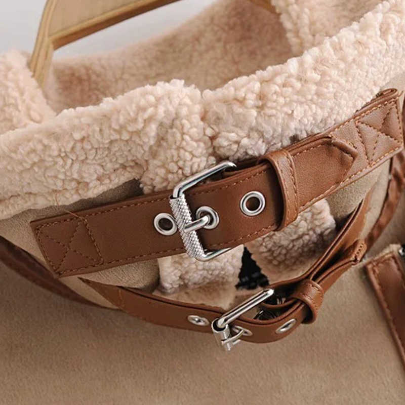 LY VAREY LIN Winter Women Patchwork Lambswool Faux Leather Jacket Motorcycle Casual Turn-down Collar Zipper Coat 210526