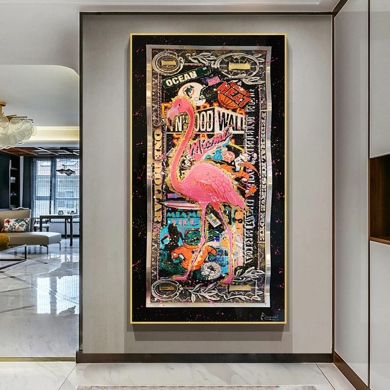 Graffiti Flamingo On Golden Dollar Abstract Art Prints Money Pictures On Canvas Wall Painting For Living Room Home Decor Posters