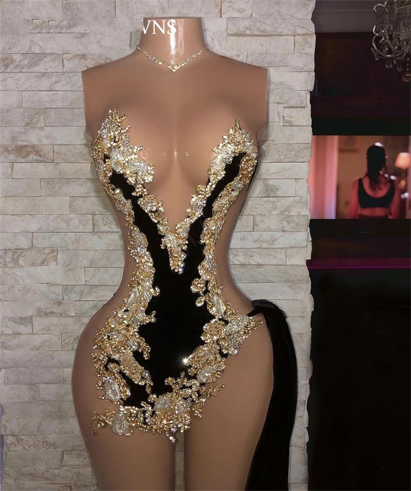 Little Black Dress Sexy Short Evening Cocktail Dresses Illusion Gold Lace Beaded African Black Girl Prom Party Dress Wear