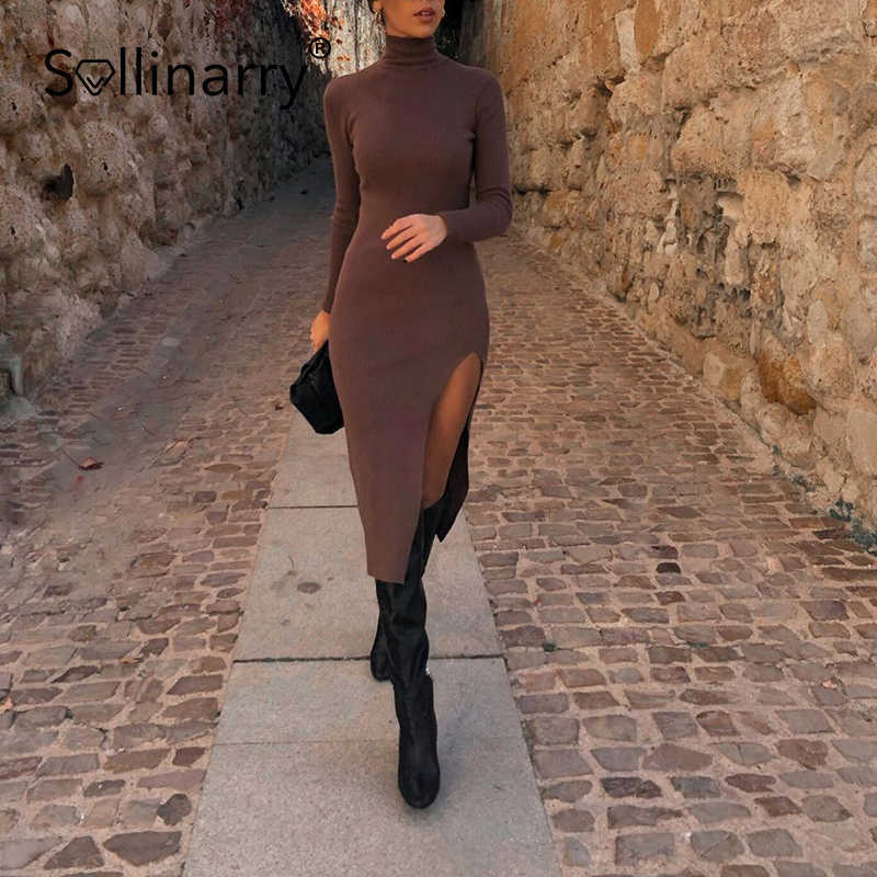 Sollinarry High street turtleneck sheath split knitted dress women Elegant long sleeves solid dresses Female office slim vestido 210709