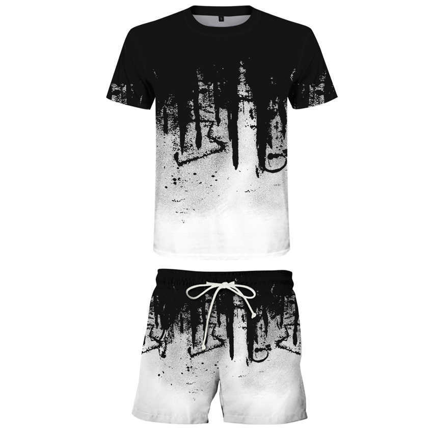 Summer Men Sets Tracksuit Short Sleeve Sportsuit Fashion Trend Well Ink Printing Tshirt + Shorts Suit Casual Wild Sportswear 6XL 210603
