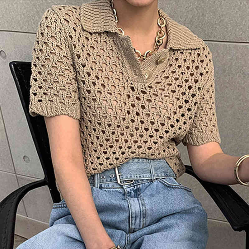 Women T-Shirt Summer Korean Chic French Retro Lapel Mesh Hollow Perspective Design Casual Short-Sleeved Sweater 210514
