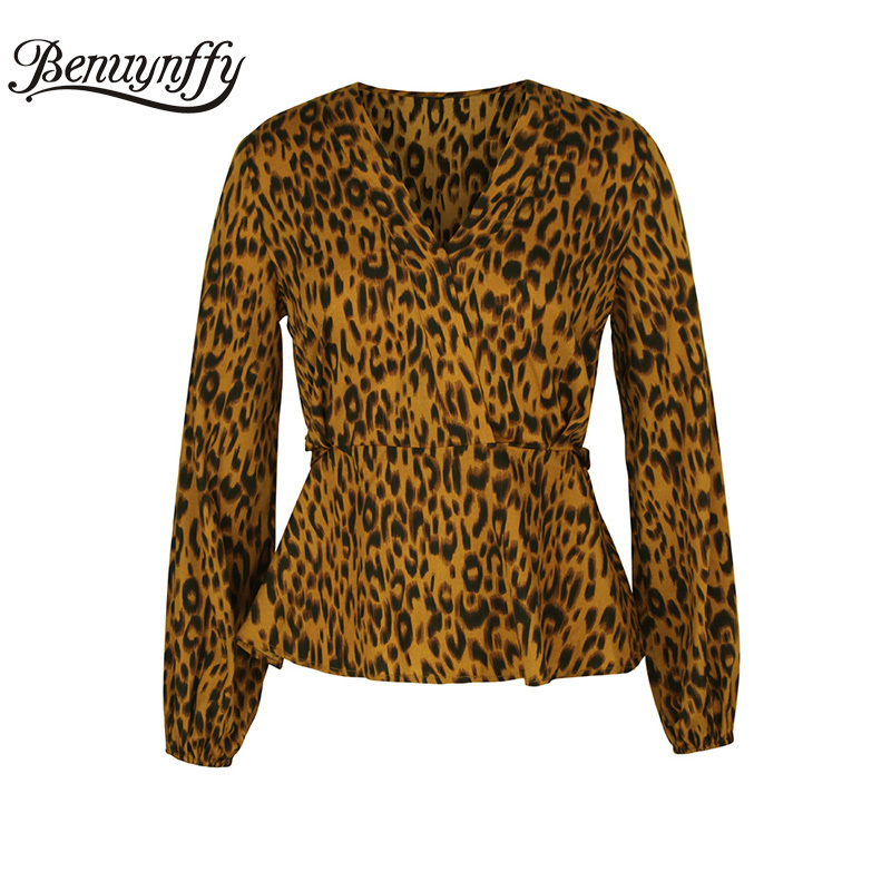 Leopard Print Surplice Neck Belted Blouse Women Long Sleeve Peplum Top Autumn Elegant Office Lady Tops and Blouses 210510