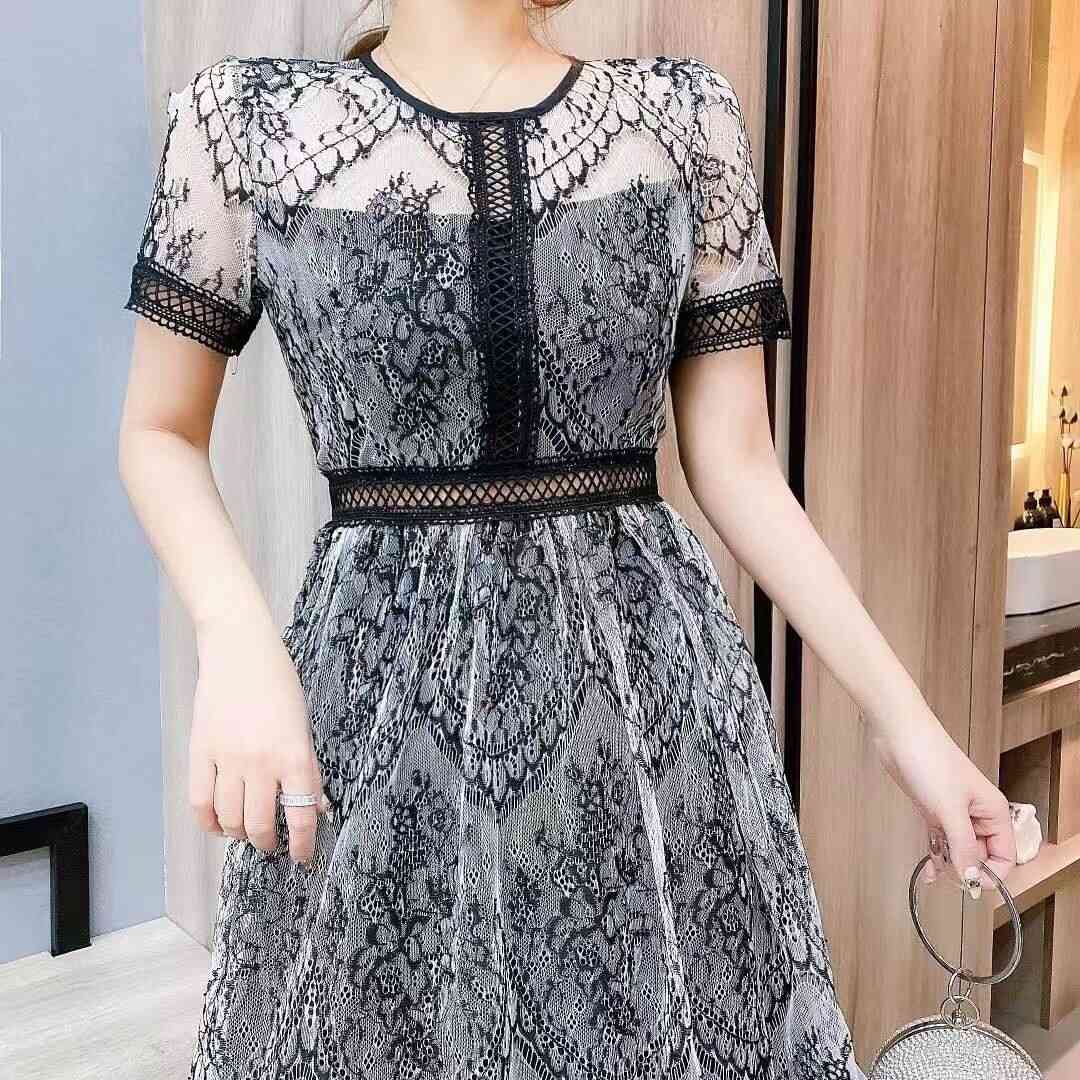 Summer Elegant Sexy Women Vintage Lace short Sleeve O-Neck Femme OL High Waist Casual Slim Party Dresses Robe 210519