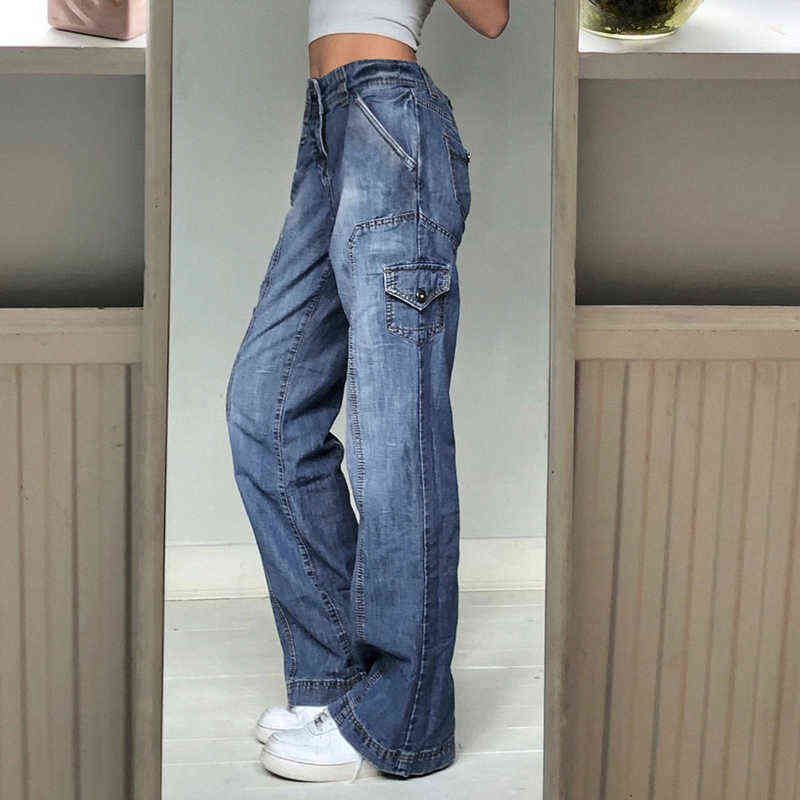 Weekeep Streetwear Women High Waist Y2k Jeans Wide Leg Pocket Patchwork Baggy Cargo Pants Oversize Casual Vintage Denim Trousers 211129