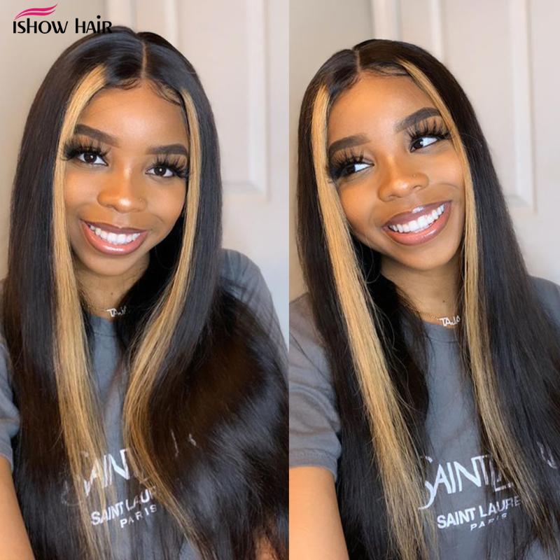 Lace Wigs Ishow Brown Highlight Front Human Hair Blonde Streak 4X4 Closure Wig Brazilian Bone Straight For Women