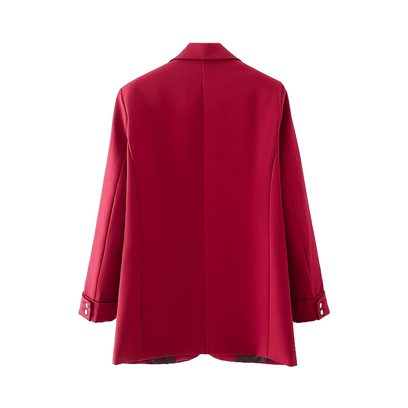 Elegant Women Chic Solid Red Blazer Fashion Ladies Pocket Jacket Streetwear Female Causal Notched Collar Cardigan 210430