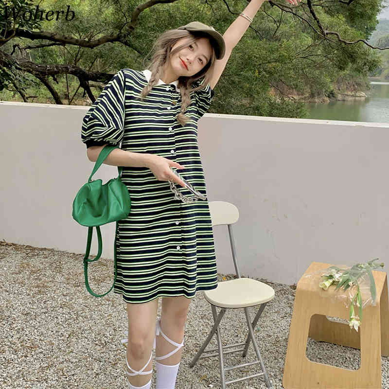 Harajuku Striped Ladies Dress Women Puff Sleeve Mini Green Shirt Dresses Summer Korean Chic Streetwear Vestidos 210519