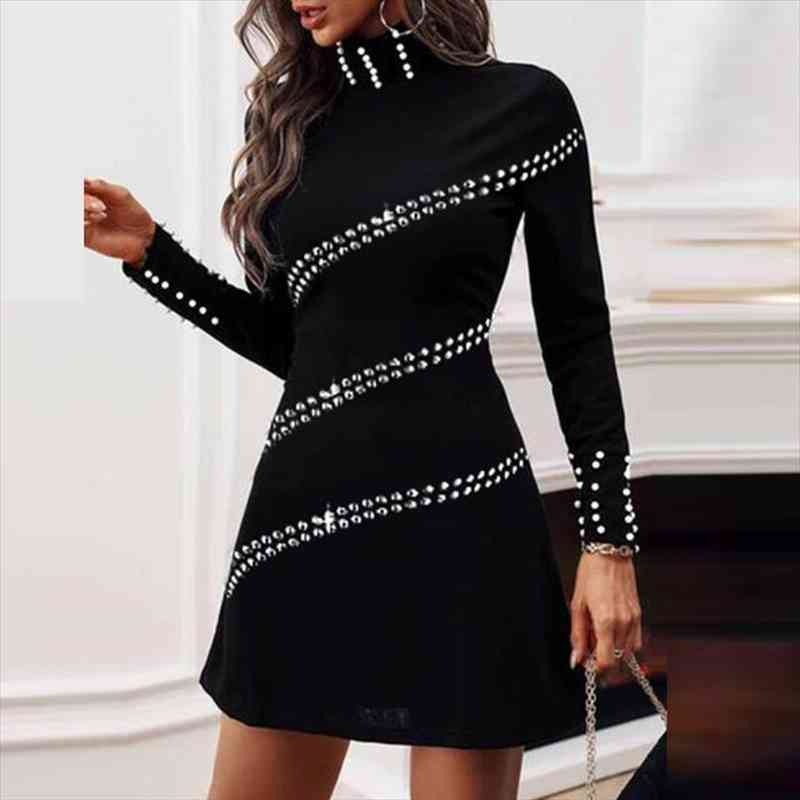 Elegant Rivet Beaded Patchwork Womens Dresses Mini Fashion Turtleneck Long Sleeve Black Short Women Sexy Slim Party, Black;gray
Elegant Rivet Beaded Patchwork Womens Dresses Mini Fashion Turtleneck Long Sleeve Black Short Women Sexy Slim Party, Black;gray