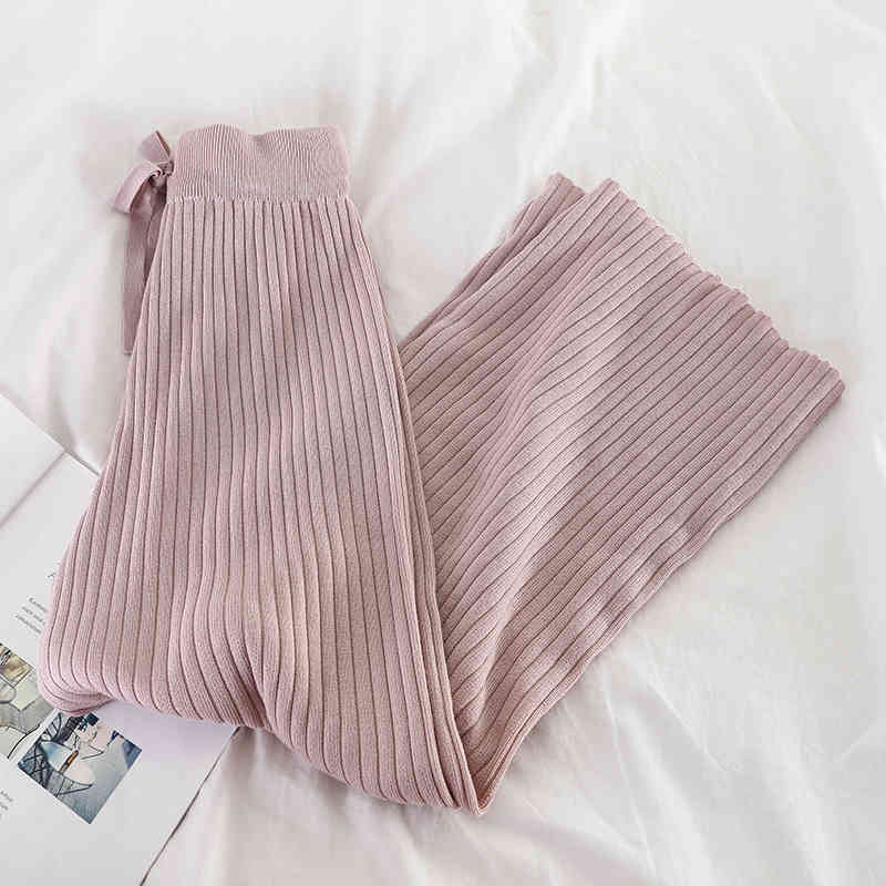 Women Knitted Wide Leg Pants Warm Fashion Autumn Winter Trousers Elastic High Waist Ankle-length Pant Korean 210519