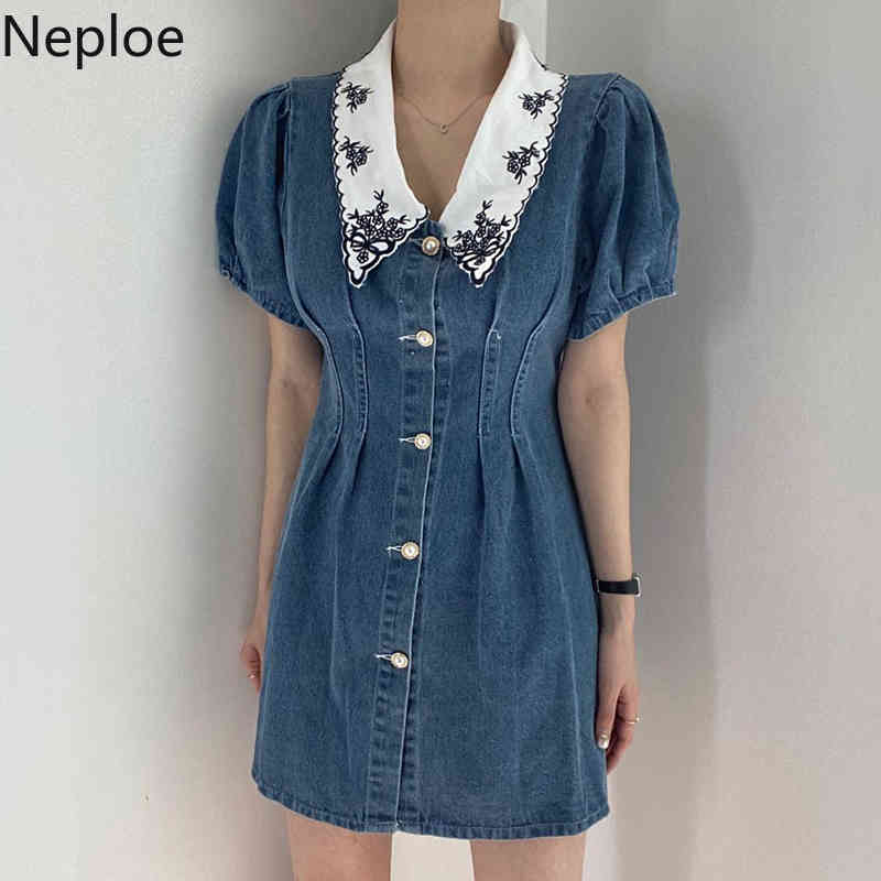 Nwploe Mini Denim Dress Women Korean Chic Robe Vintage Embroidery Pleated Dresses Single Breasted Puff Sleeve Jeans Vestidos 210422