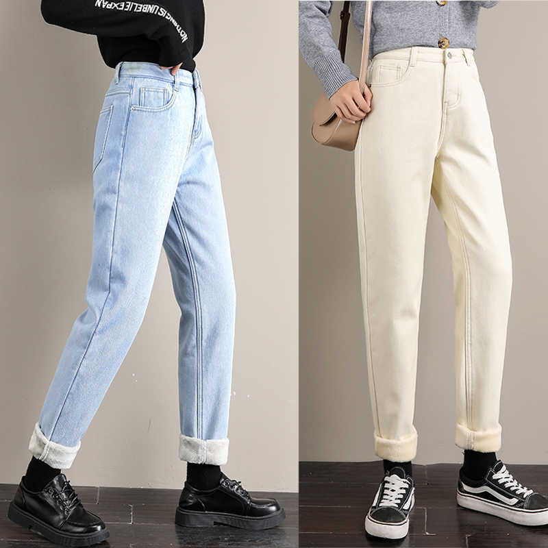 Warm Jeans Winter Velvet Thick Mom High Waist Harem Trousers Female Pantalon Loose Wideleg Fleece Denim Pants 210922