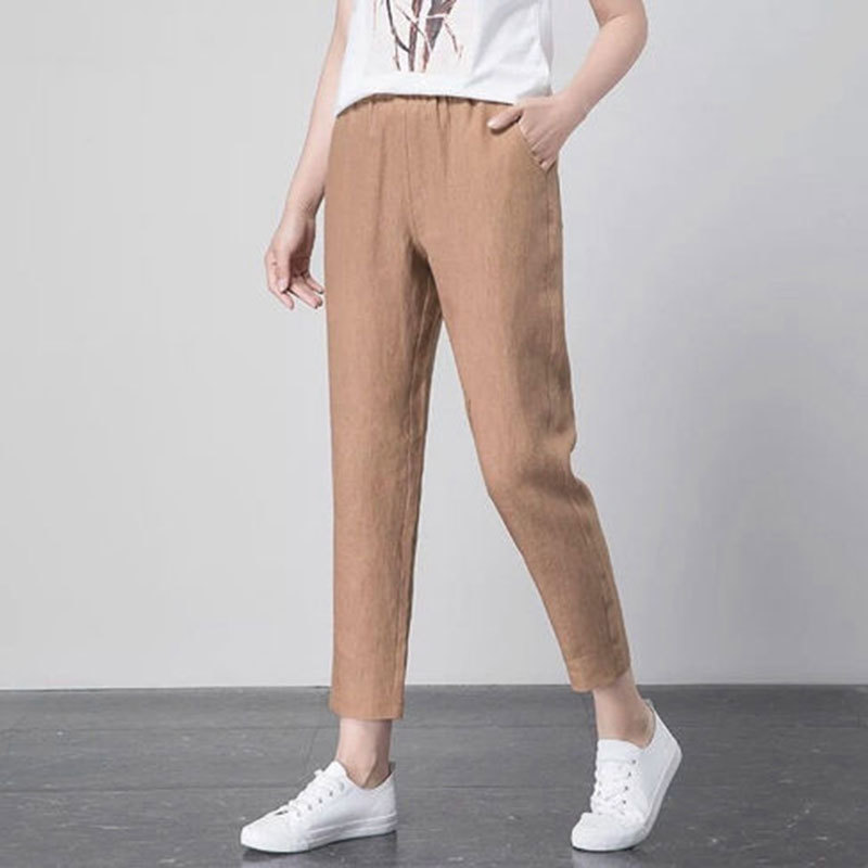 Spring Summer Korean Fashion Women Pants Plus Size Elastic Waist Loose Harem all-matched Casual Cotton Linen D165 210512