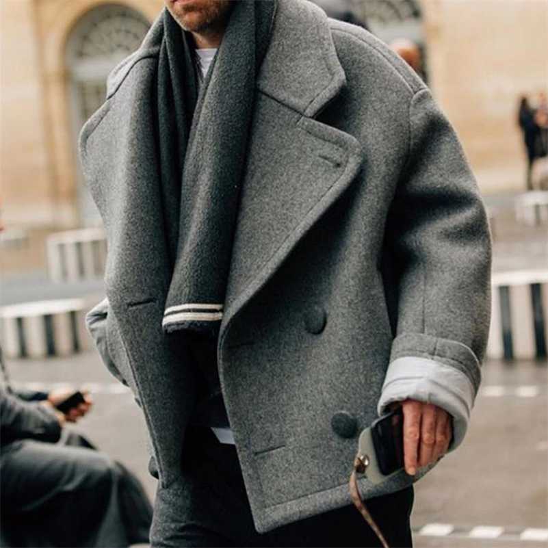 Winter Woolen Jacket Men Casual Slim Fit Trench Overcoat Thick Warm Wool Coat Windbreaker Solid Color Male Jacket Outerwear 211122