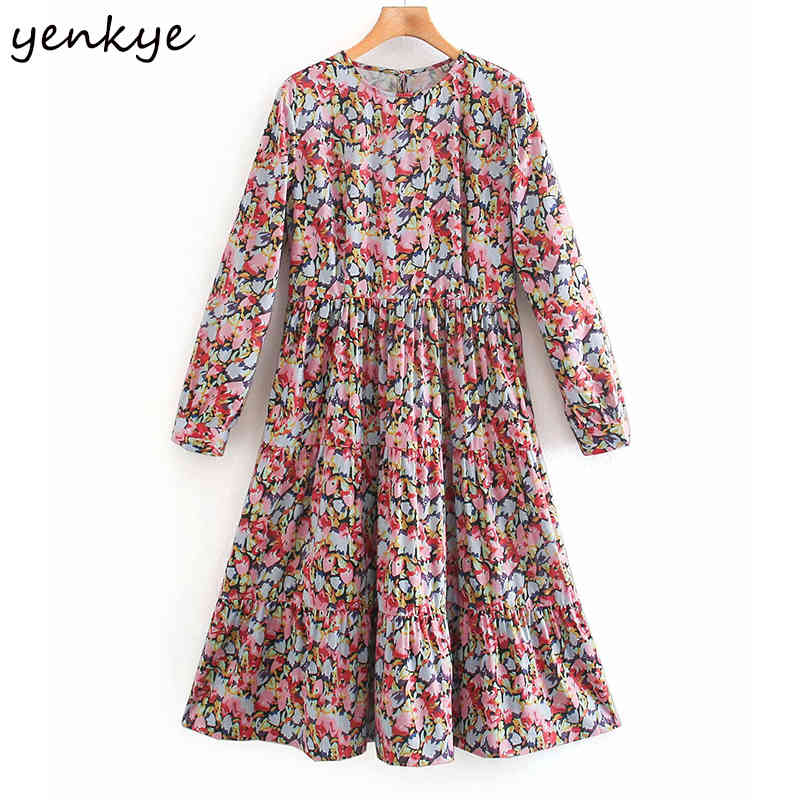 YENKYE Multicolor Floral Print Dress Women O Neck Long Sleeve Pleated Casual Dress Female Midi Vestido Plus Size 210515