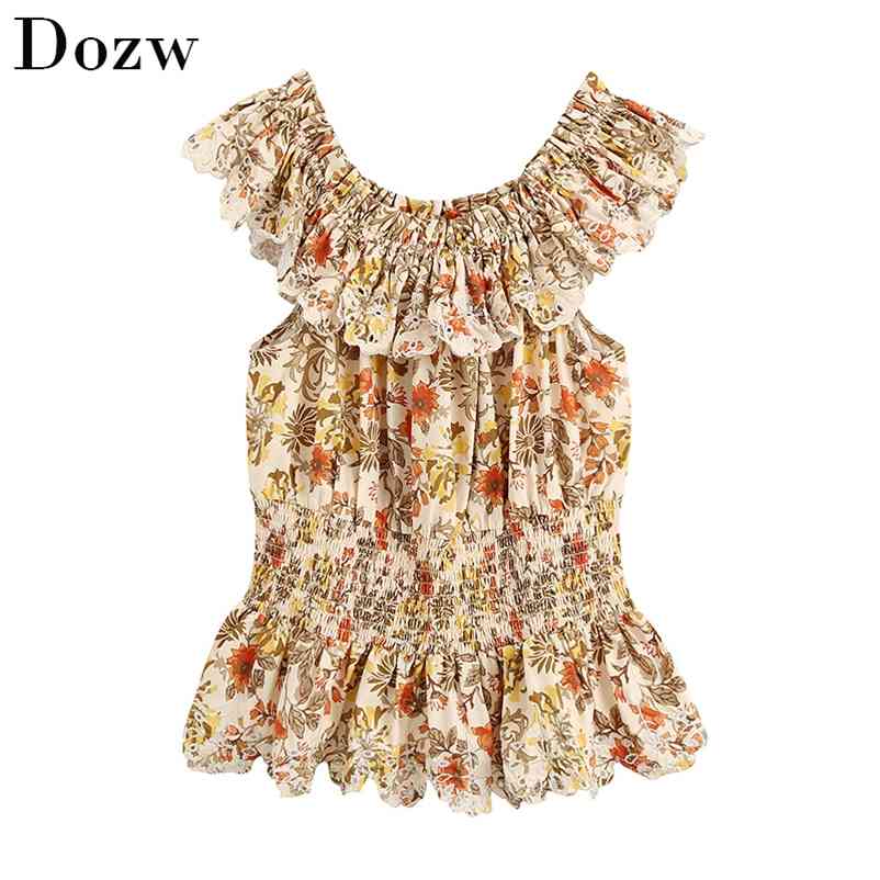 Sleeveless Floral Print Blouse Woman Elastic Waist Embroidery Stylish Chic Shirt Hollow Out Holiday Pleated Blouses Lady 210515