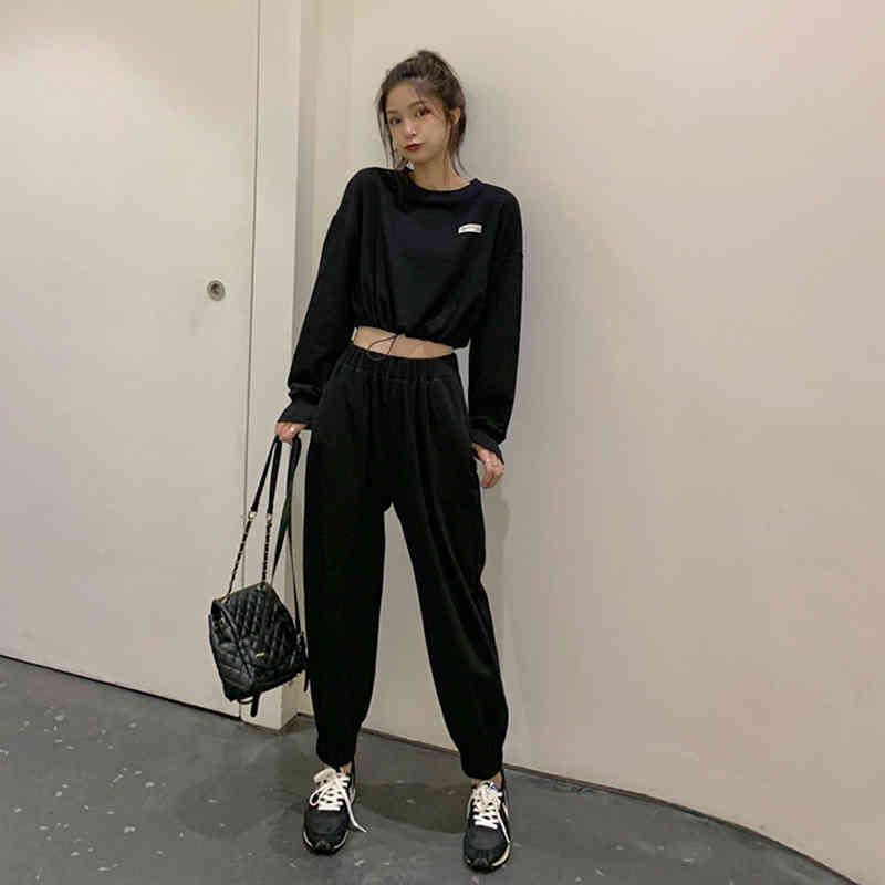Wonder 2 Piece Set Tracksuit Casual Autumn Loose Crop Sweatshirts Haren Pants Outfit Ladies Sportsuits 210510