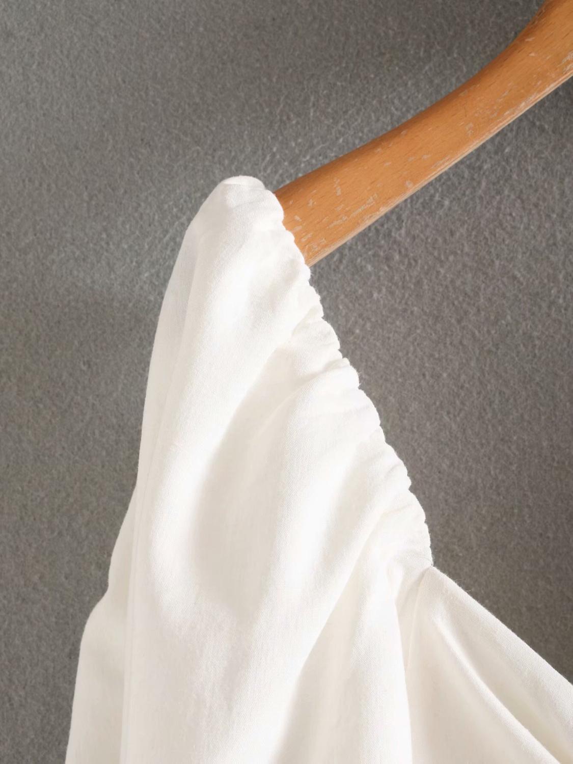Women Vintage V neck Knik Short Puff Sleeve Dress Retro Backless Slim Waist A line Midi Long Dresses Elegant White Vestido 210429
