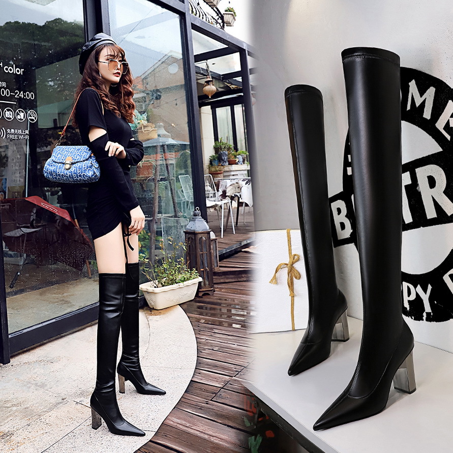 Fashionable and simple women's shoes metal thick heel pointed sexy slim slim over knee boots, Black 9.5cm
Fashionable and simple women's shoes metal thick heel pointed sexy slim slim over knee boots, Black 9.5cm