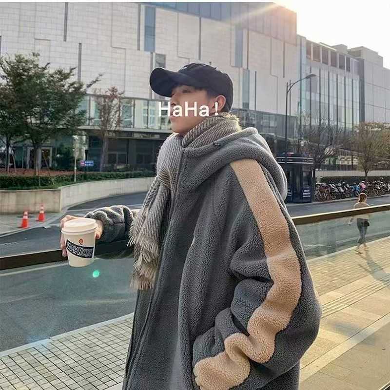 Hong Kong style cotton coat jacket lamb plush men's winter Korean version of the loose trend male youth 210526