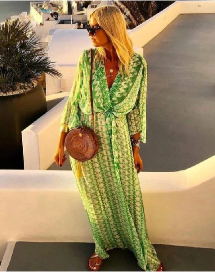 Women Dress Flare Sleeve V-neck Print Bohemian Dresses Long Plus Size Pink Green Summer Fashion 210524