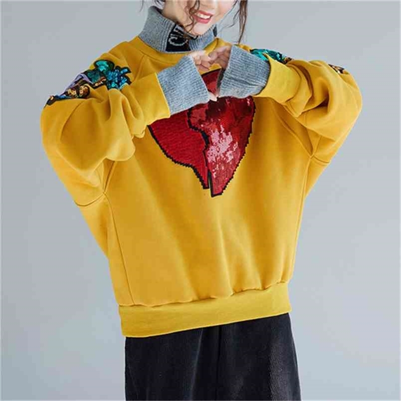 Autumn Winter Fashion Women Loose Batwing Sleeve Long Pullovers Thicken cotton Sequin embroidery Casual Hoodies T6446 210512