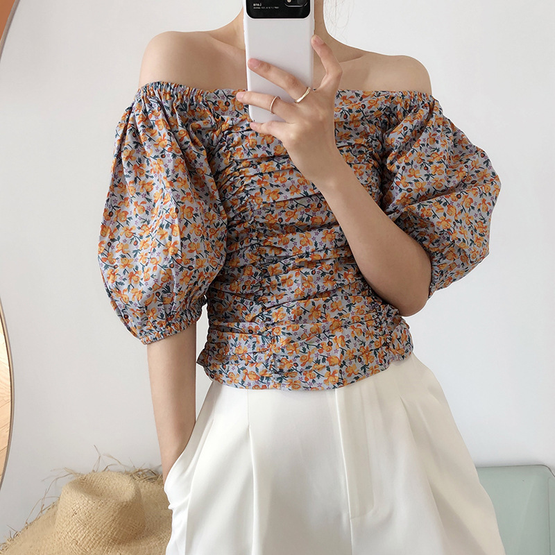 Sexy Off Shoulder Crop Blouse Women Puff Sleeve Pleeated Floral Print Blusas Korean Chic Elegant Tops Shirts 210519