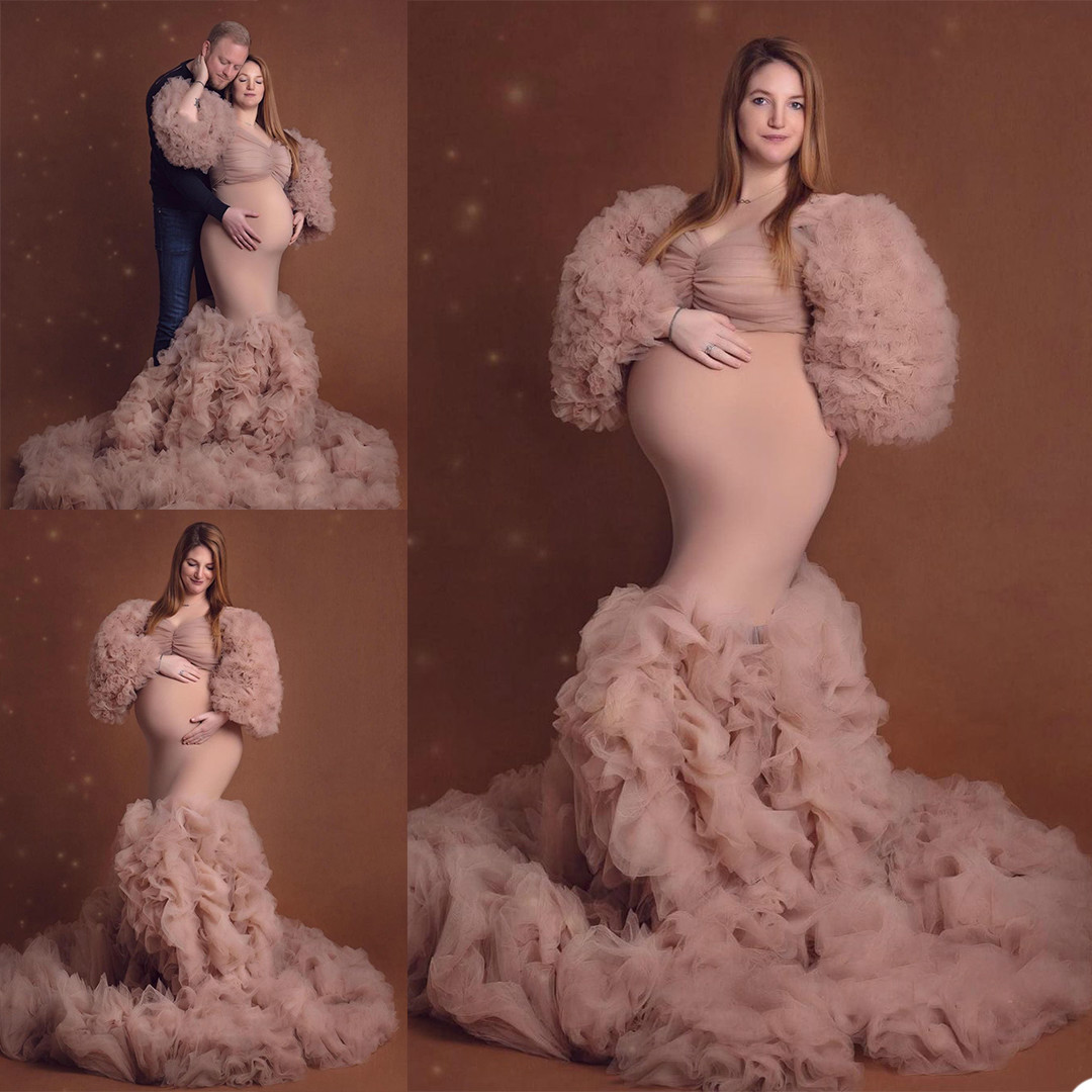 Sexy V Neck Maternity Photography Tiered Ruffles Long Sleeve Sleepwear For Pregnant Women Fancy Pregnancy Dress Elegence Gown Photo Shoot