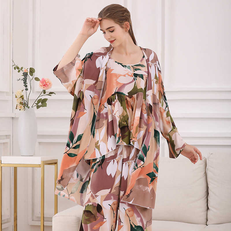 Cotton Viscose Ladies Three-piece Pajamas Set Women Spring and Autumn Comfortable Soft Home Suit Robes with Pants Pajamas Set 210924