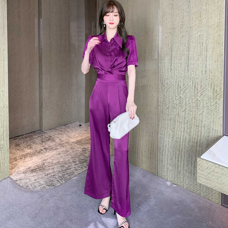Two piece set summer Korean version purple waist short sleeve shirt wide leg pants suit Office Lady 210603 
Two piece set summer Korean version purple waist short sleeve shirt wide leg pants suit Office Lady 210603