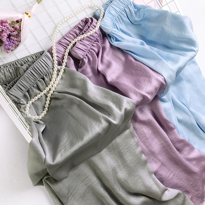 Casual Pants Women Summer Loose Wide Leg Trousers Satin Silk Capri Elastic Waist Women's High Beach 210428