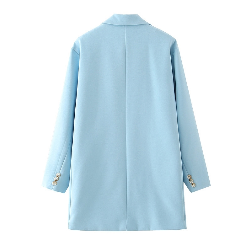 elegant women sky blue blazer office ladies pocket jackets casual female full sleeve suits girls chic sets 210430