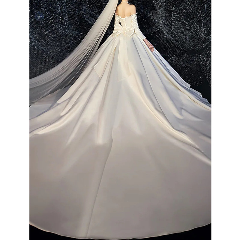 Satin Ball Gown Wedding Dresses with Bateau long sleeves Plus Size Bridal Gowns