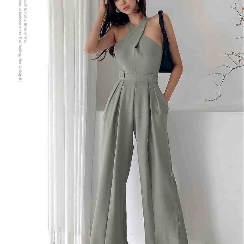 Summer Female Elegant Slim Jumpsuit Trousers Women Casual Office OL Sexy Halter Wide leg pants Overalls 210519