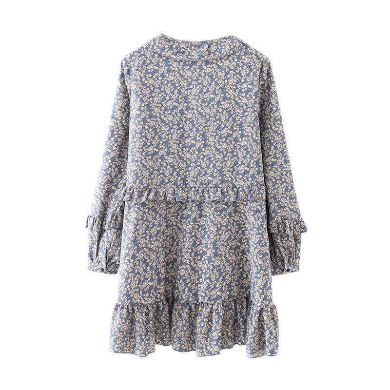 Women Dress Floral Printed V-neck Long Sleeves Ruffled Hem Vintage Casual Short Woman Dresses 210709