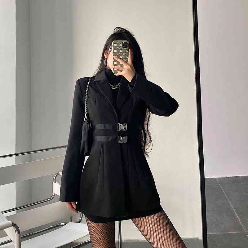 WOMENGAGA Winter School Bag Buckle High Waist Belt Show Slim Long Suit Coat Blazers Sexy Womens Tops NH1F 210603