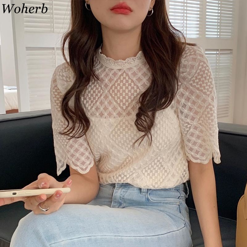 Clothes for Women Blouses Sweet Stand-up Collar Lace Hollow Crochet Floral Blusas Short Sleeve Chic Shirt Korean Tops 210519