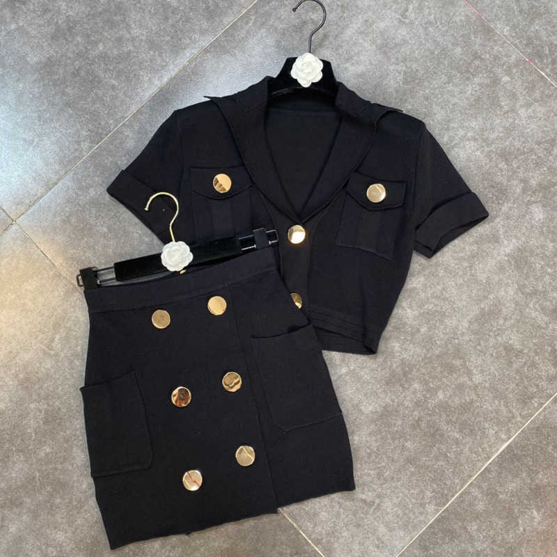 DEAT Women Black knitting Skirt Short lapel short sleeve Two Piece Set Fashion Temperament Spring Summer 11D603 210709