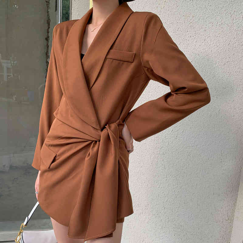 Korea Retro Long Sleeve Lace Up Blazers Suits Spring Summer Jackets And Shorts Two Piece Set Office Ldy Clothing 210514