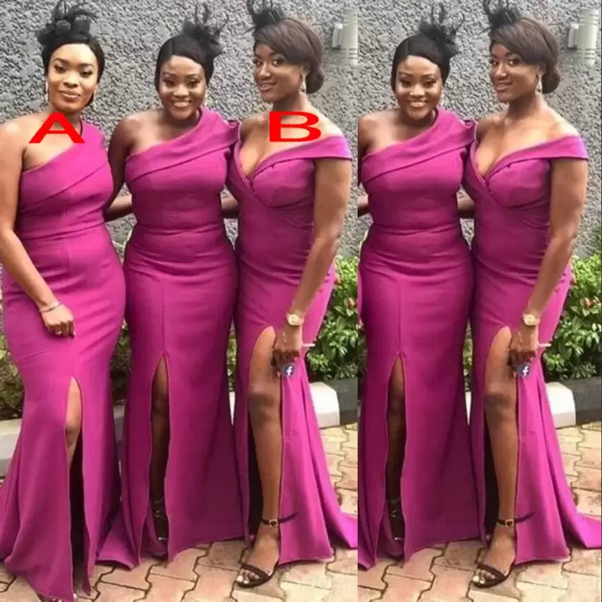 Fuchsia Bridesmaid Dresses Mermaid One Off The Shoulder Satin Floor Length Side Slit African Plus Size Maid Of Honor Gown Country Wedding Vestido